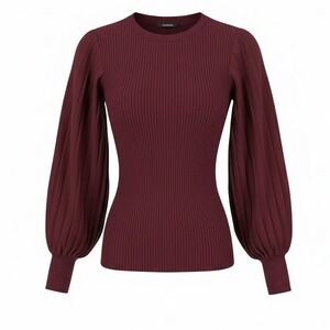 WHBM Ribbed Knit Top Burgundy Pleated Puff Sleeve Blouse XS Valentine's‎ Outfit